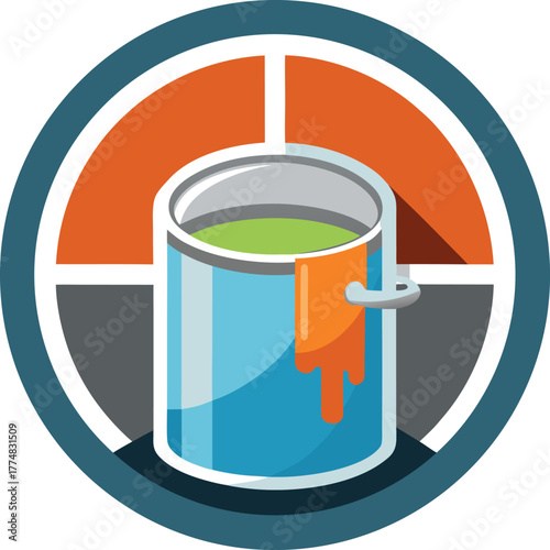 A vibrant paint can icon with dripping orange paint, set against a window frame, representing home improvement and creativity