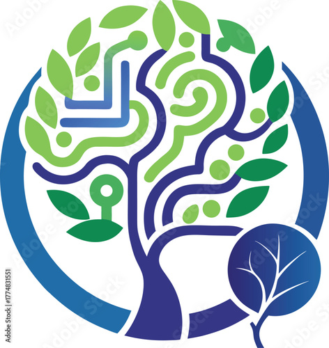 A vibrant logo showcasing a tree with leaves and circuit board elements, symbolizing technology, growth, and environmental consciousness, set against a clean