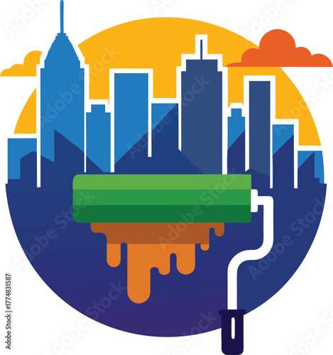 A colorful illustration of a cityscape being painted with a roller, representing urban development, renovation, and the transformation of cityscapes