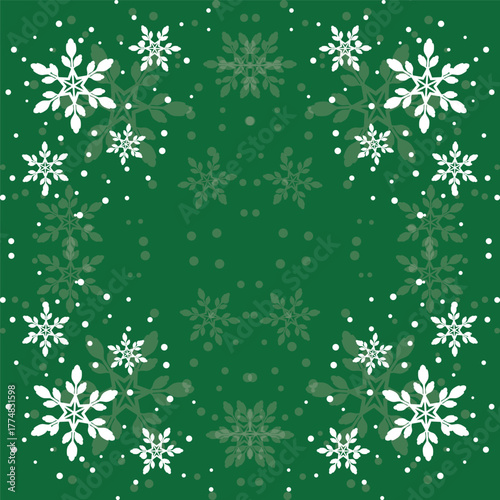 Elegant green Christmas background with decorative snowflake border and falling snow dots. Perfect winter holiday backdrop for greeting cards, invitations, posters, wrapping and festive design.
