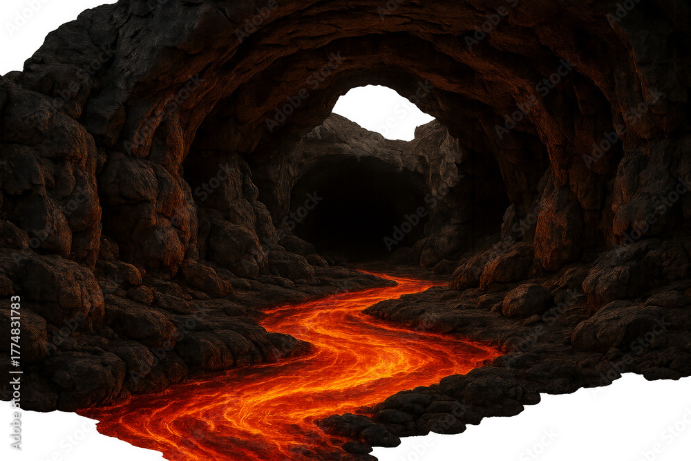 Fototapeta premium Underground cave with flowing lava river and transparent background