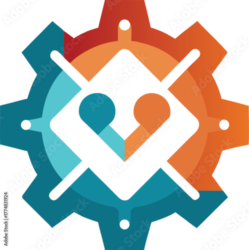 Abstract logo design featuring interconnected figures within a gear, symbolizing collaboration, teamwork, and technological synergy for businesses and organizations