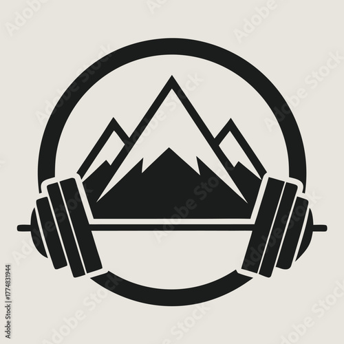 Bold fitness logo featuring mountains and barbell, symbolizing strength, endurance, and outdoor training for gyms, personal trainers, and adventure fitness programs