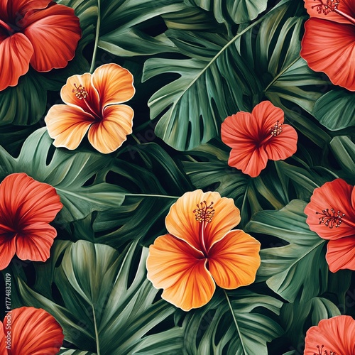Seamless tropical foliage and hibiscus pattern naturalistic design lush environment artistic viewpoint