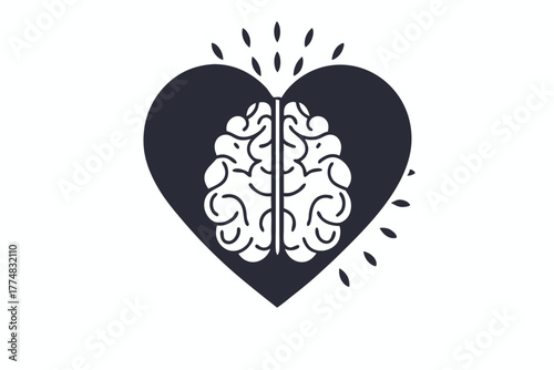 Black silhouette visually merges a heart with a brain, reflecting the balance between thought and emotion