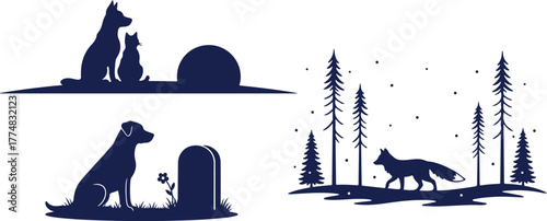 Dog and cat sitting by a mound, dog sitting by a tombstone, and fox in a forest vector illustration