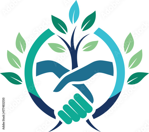 A logo symbolizing environmental care and collaboration, featuring a handshake and a tree with leaves, representing growth and partnership