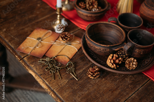 Vintage table setting with rustic ceramic cups, old keys, paper envelopes, and pine cones on a wooden surface.