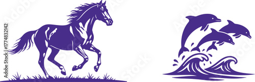 Galloping horse and jumping dolphins in waves ocean