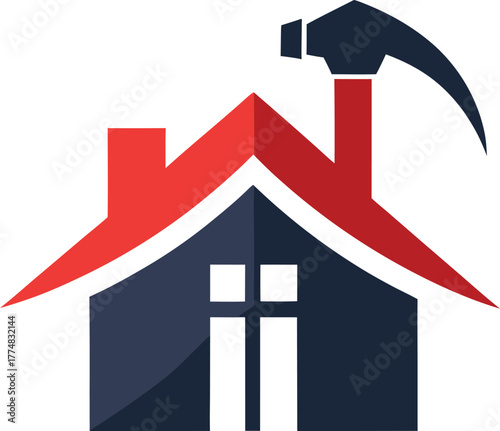 A house repair logo featuring a hammer integrated into the roofline, symbolizing construction and home improvement, the design is bold and eyecatching