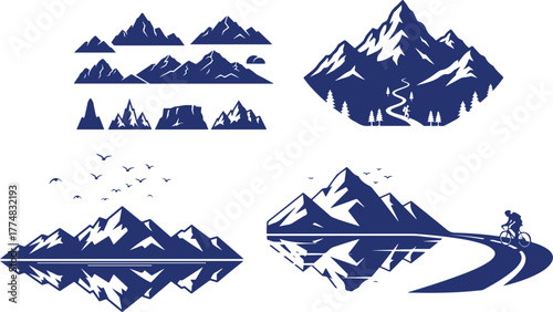 Mountain Landscapes with Hiker, Cyclist, Birds, and Reflections Keywords: mountains, landscape, nature, hiking, cyclist, biking