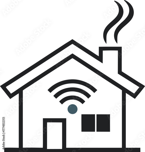 A smart home icon featuring a house with a wifi symbol and chimney, represents modern technology, connectivity, and home automation solutions