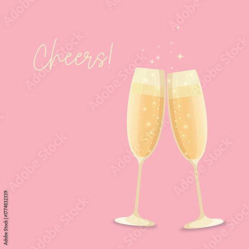 Two champagne flutes with “Cheers” lettering on pink background, festive art illustration