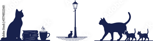 Silhouette of cats reading books and walking near a lamppost dark blue