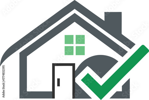A house icon with a check mark the house is gray with a green window the check mark is green and is placed in front of the house