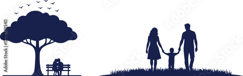 Silhouettes of a couple on a bench under a tree and a family walking on grass with birds vector