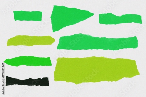 Collection of torn paper strips in various shades of green and black isolated on white background