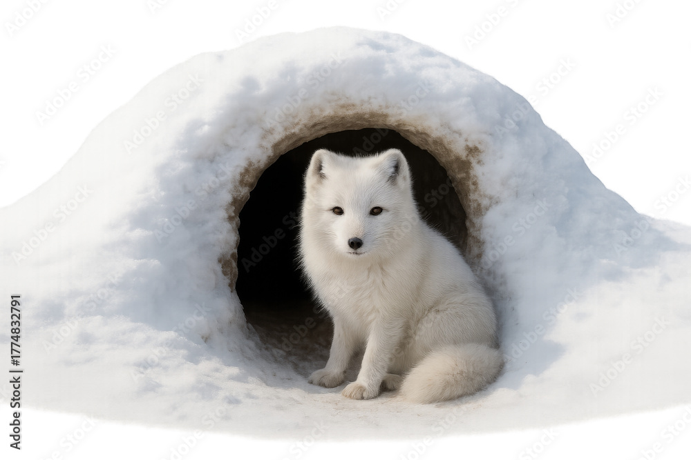 Obraz premium Arctic fox sitting by its snow den