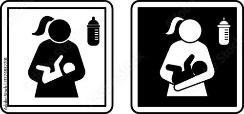 Lactating Room Signs. Black and White Vector Icons. Mother, Baby, and Feeding Bottle. Hospital Ward Sign