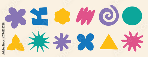 clouds and flower shapes sticker doodle retro set. Groovy funky flower, bubble, star, loop, waves trendy retro 90s 00s cartoon style.