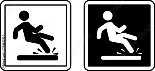 Wet Floor Signs. Black and White Vector Icons. Person Falling on a Slippery Floor. Warning for Visitors. Hospital Department Sign