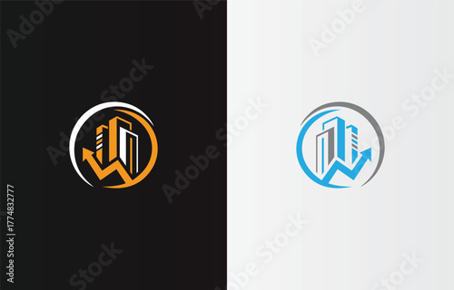 Two logos with buildings and upward arrows in circles one orange one blue vector template growth