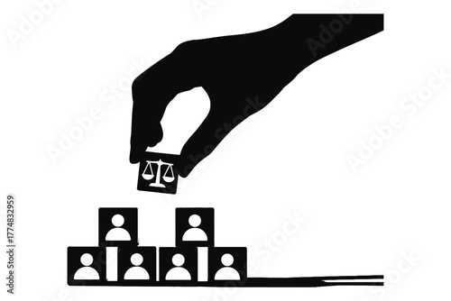 Hand placing justice symbol on top of human figures representing hierarchy