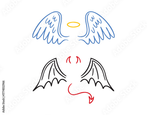 angel and demon wings doodle hand drawn icon set. Outline drawing line clipart symbol collection. good and evil concept