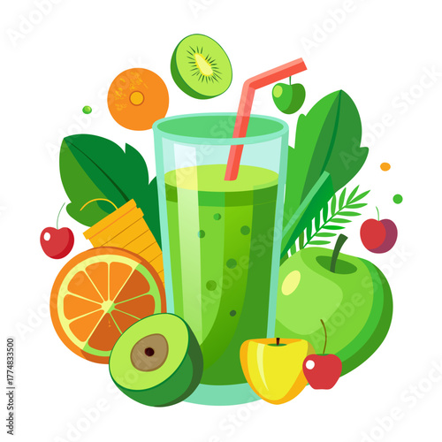 Refreshing green smoothie surrounded by fresh fruits and leaves for a healthy lifestyle