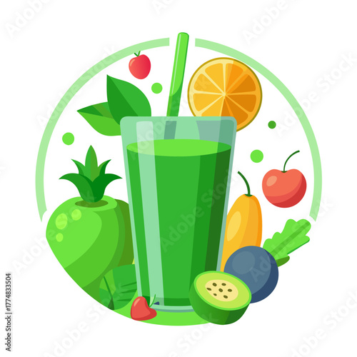 Healthy green smoothie with fresh fruits and vegetables in a glass with a straw