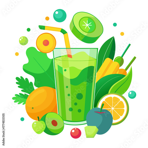 Refreshing green smoothie with fresh fruits and vegetables surrounded by vibrant elements