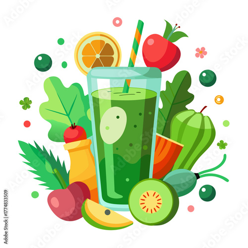 Healthy green smoothie in a glass surrounded by fresh fruits and vegetables for a nutritious lifestyle