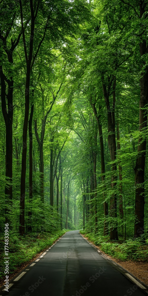 Obraz premium An empty asphalt road curves through a dense forest with tall green trees