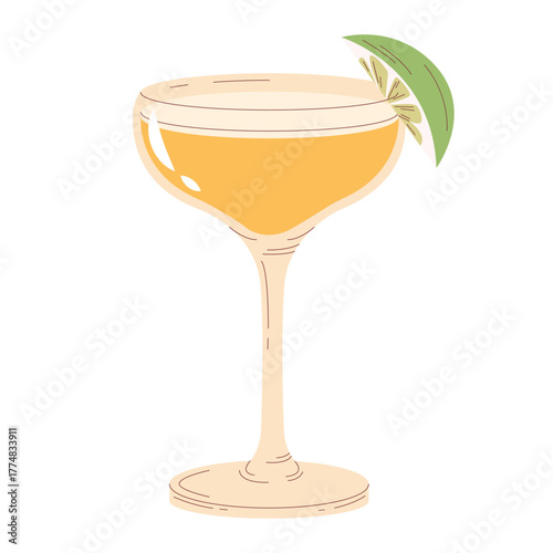 Classic Daiquiri cocktail vector illustration. Pale golden rum based drink served in a coupe glass, elegantly garnished with a fresh lime wedge in a clean, modern hand drawn flat style.