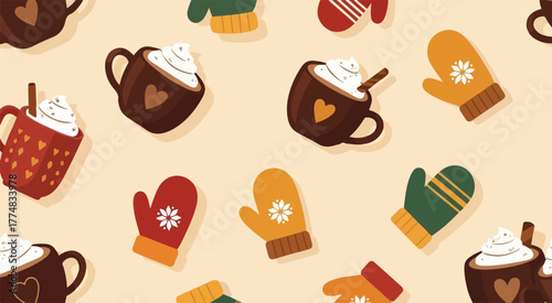 Winter hot chocolate and mittens pattern background for christmas holiday season vector design 100