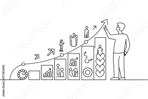 Man drawing an upward trending business growth chart with icons