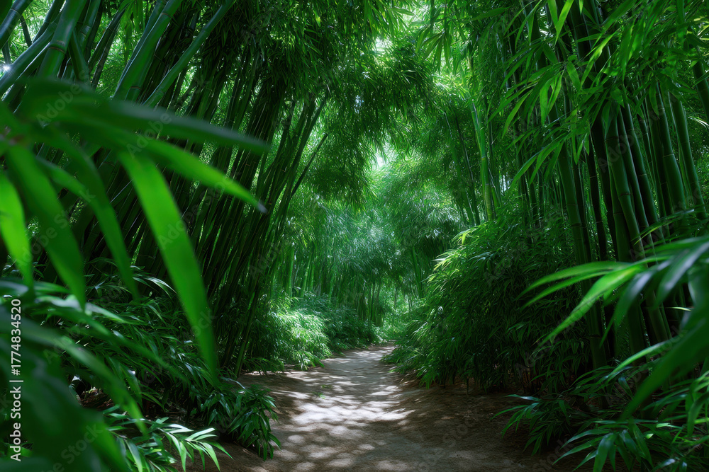 Obraz premium Explore a serene path through a lush bamboo forest in daylight surrounded by vibrant greenery