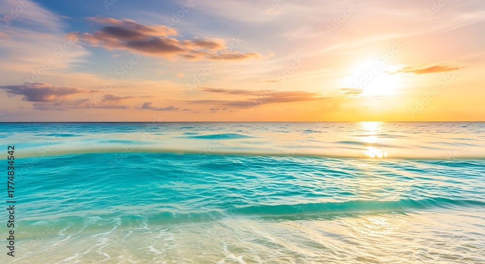 Obraz premium Serene tropical ocean sunset with golden sun and turquoise waves