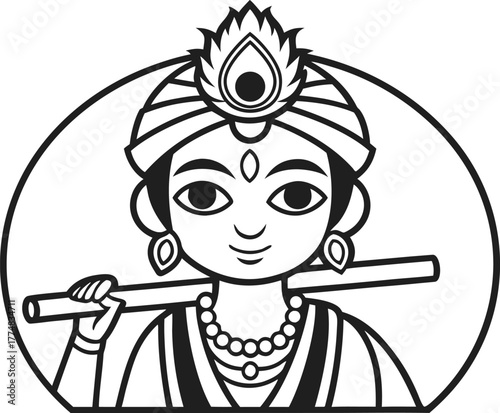 Sri Krishna Outline Design. Lord Krishna Line Art Illustration. Divine Krishna Outline Artwork. Hindu God Krishna Drawing. Spiritual Krishna Outline Design. Krishna Religious Line Artwork