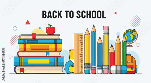 Back to school supplies vector illustration with books pencils and globe for educational design projects