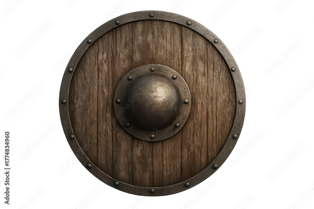 Obraz premium Round wooden viking warrior shield with metal boss