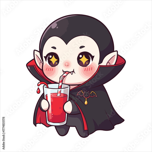 Adorable Chibi Vampire Sipping a Refreshing Red Drink and Looking Cute