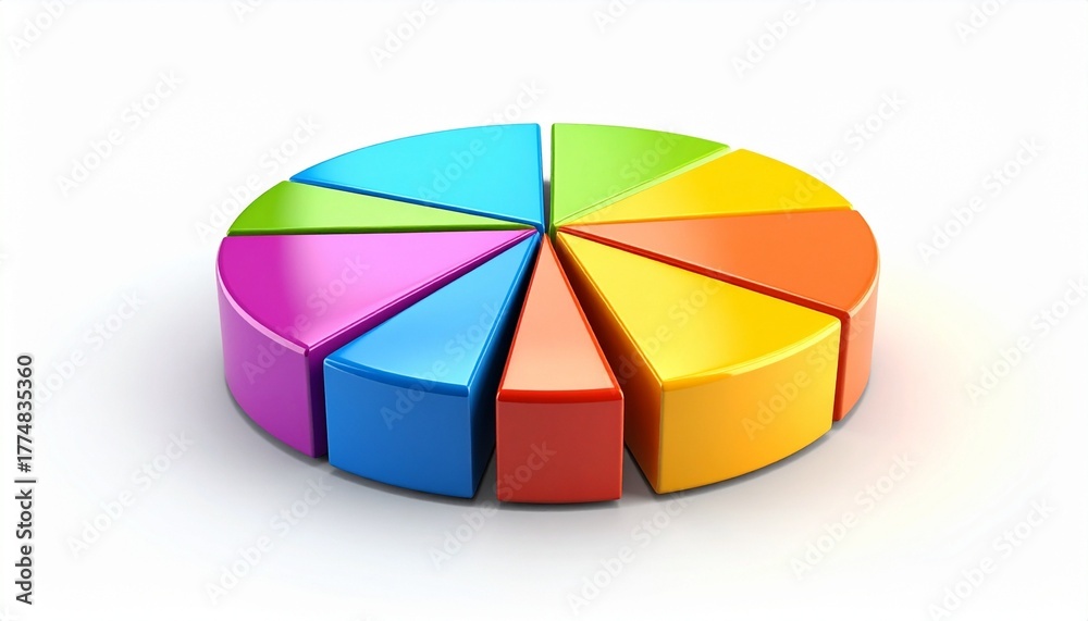Obraz premium Glossy 3D pie chart with eight colorful segments symbolizing data visualization and category comparison