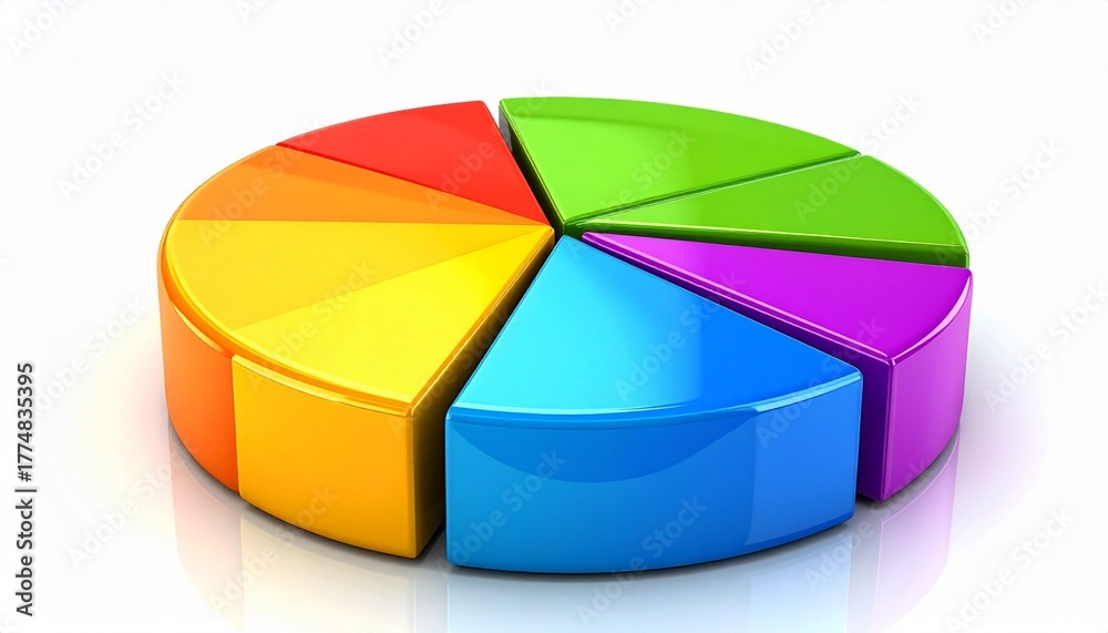 Obraz premium Glossy 3D pie chart with eight colorful segments symbolizing data visualization and category comparison