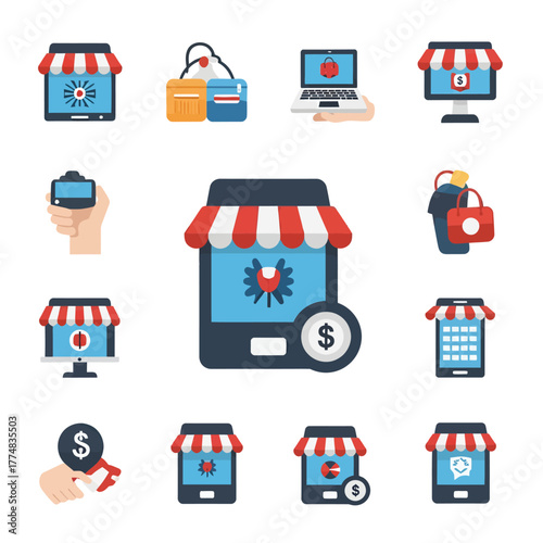 Online Shopping Icons Set - E-commerce and Mobile Commerce Concepts.