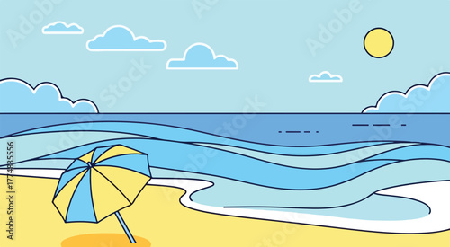 Cartoon beach scene vector illustration with sun umbrella clouds and ocean waves for summer vacation 100
