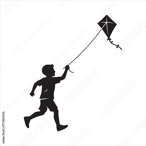 A Child Running With a Kite Flying in the Sky Outdoors