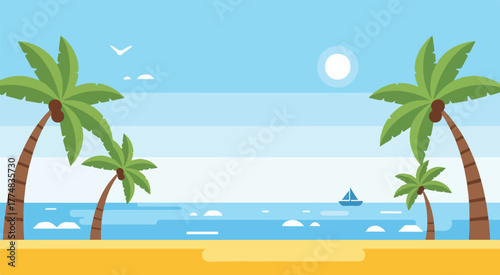 Beach scene illustration vector with palm trees ocean and boat summer vacation background vector art