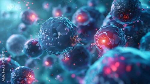 Microscopic view of cancer cells tumor growth and infection spreading in blue and red color scheme