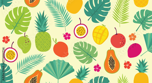 Tropical fruit and leaf pattern background vector illustration design for summer prints and textiles